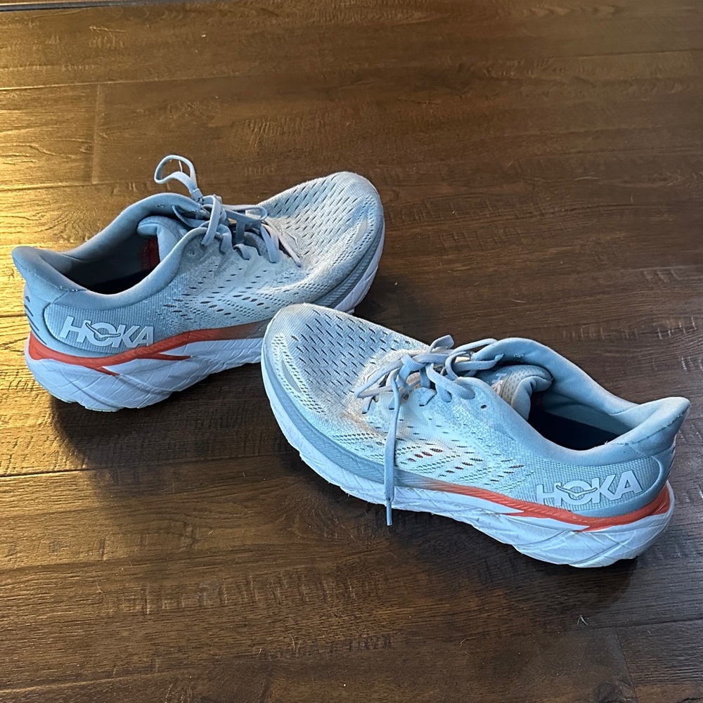 Hoka Sky Blue and Coral Athletic Shoes